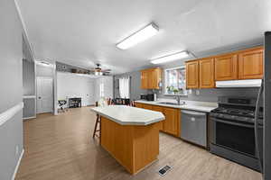 Kitchen with stainless steel appliances, light hardwood / wood-style floors, a kitchen island, and ceiling fan