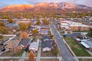 Aerial view at dusk with a mountain view