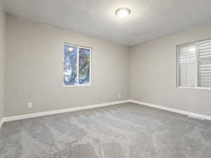 Unfurnished room with carpet and a textured ceiling