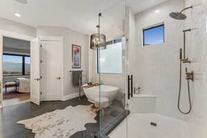 Bathroom featuring hardwood / wood-style floors, a mountain view, and shower with separate bathtub