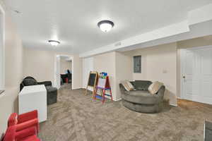 Sitting room with electric panel, a textured ceiling, and carpet floors