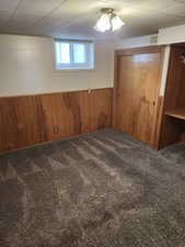 Empty room featuring carpet flooring and wood walls