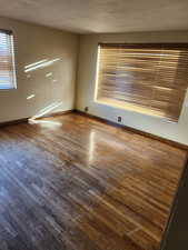 Unfurnished room featuring wood-type flooring and a textured ceiling