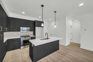 Kitchen featuring stainless steel appliances, hanging light fixtures, sink, and light wood-type flooring