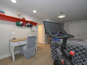 Carpeted bedroom with a textured ceiling and a closet