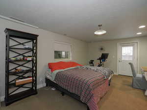 Carpeted bedroom with a textured ceiling