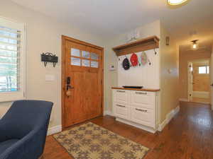 Entryway featuring dark wood-type flooring and a wealth of natural light