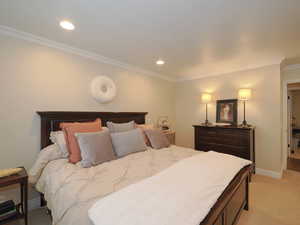 Bedroom with light carpet and ornamental molding