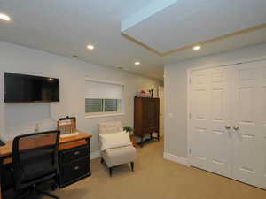 Office with light colored carpet and a textured ceiling