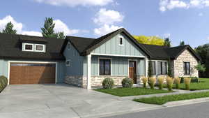 View of front of house featuring stone siding, an attached garage, a shingled roof, and concrete driveway