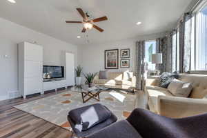 Living room featuring ceiling fan, a wealth of natural light, and wood-type flooring