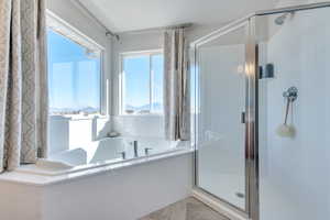 Bathroom with a mountain view and plus walk in shower