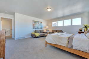 Bedroom featuring carpet flooring and a textured ceiling