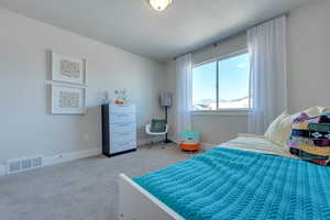 Carpeted bedroom featuring a textured ceiling