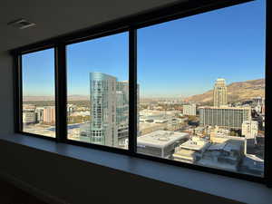 Interior space with a mountain view