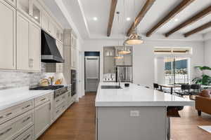 Kitchen with stainless steel appliances, sink, beam ceiling, an island with sink, and hardwood / wood-style floors