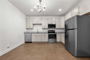 Kitchen with white cabinets, a chandelier, sink, pendant lighting, and appliances with stainless steel finishes