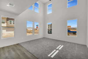 Unfurnished room with hardwood / wood-style flooring and a high ceiling