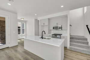 Kitchen with stainless steel appliances, light wood-type flooring, decorative backsplash, sink, and an island with sink