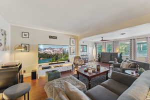 Living room with hardwood / wood-style floors and ceiling fan