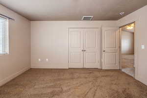 Unfurnished bedroom with carpet flooring, multiple windows, a closet, and a textured ceiling