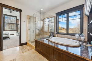 Bathroom with tile patterned floors, plenty of natural light, and plus walk in shower