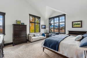 Bedroom with light carpet and high vaulted ceiling