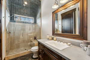 Bathroom with vanity, toilet, and an enclosed shower