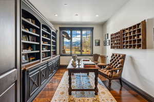 Office featuring dark wood-type flooring