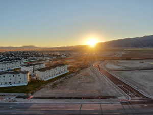 Aerial view at dusk with a mountain view