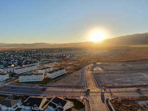 Aerial view at dusk with a mountain view