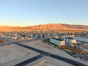 Aerial view at dusk with a mountain view