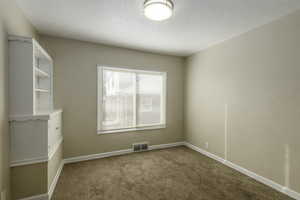 Carpeted spare room with a textured ceiling