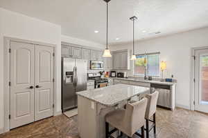 Kitchen featuring pendant lighting, a wealth of natural light, appliances with stainless steel finishes, and a center island