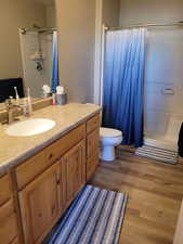 Master Bathroom with wood-type flooring, vanity, curtained shower, and toilet