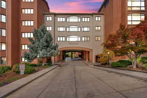 View of outdoor building at dusk