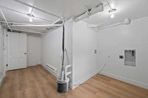 Laundry room featuring hardwood / wood-style flooring, a baseboard radiator, hookup for an electric dryer, and brick wall