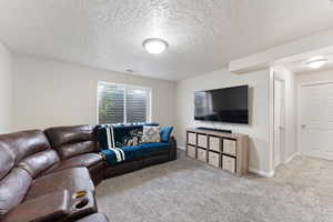 Carpeted living room with a textured ceiling