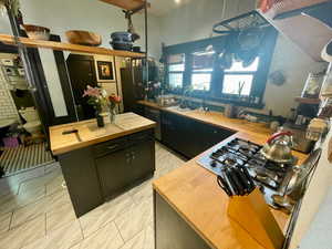 Kitchen with butcher block counters, appliances with stainless steel finishes, and sink