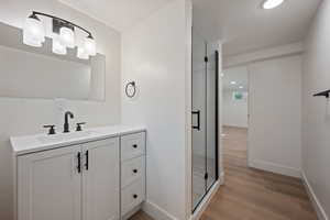 Bathroom with hardwood / wood-style floors, walk in shower, and vanity