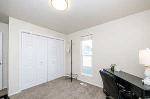 Carpeted bedroom/home office with a textured ceiling