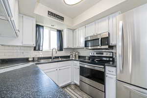 Kitchen featuring tasteful backsplash, stainless steel appliances, white cabinetry, sink, and a tray ceiling