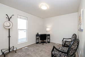 Bedroom/office with a textured ceiling and carpet flooring