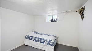 Carpeted bedroom with a textured ceiling