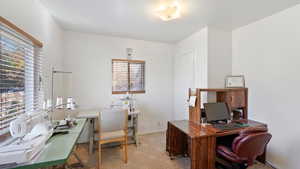 View of carpeted home office