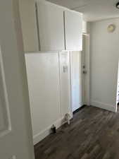 Washroom with dark hardwood / wood-style flooring