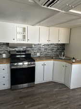 Kitchen with white cabinetry, tasteful backsplash, stainless steel range oven, and sink