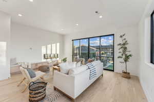 Living room with light hardwood / wood-style floors