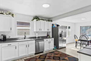 Kitchen with light hardwood / wood-style floors, white cabinetry, sink, and appliances with stainless steel finishes