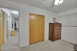 Bedroom with a closet and light colored carpet